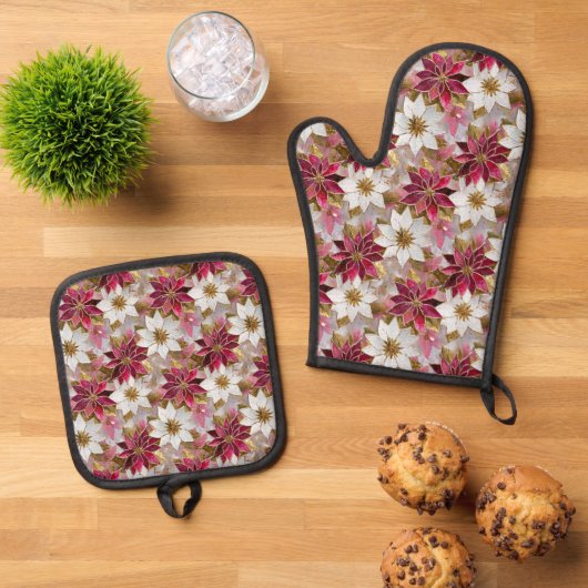Wit Goud Bourgondië Roze Kerstmis Poinsettias Ovenwant & Pannenlap Set (Top down)