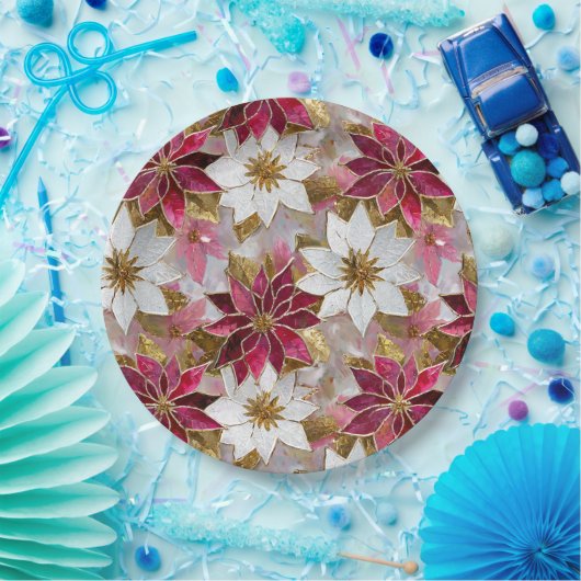 Wit Goud Bourgondië Roze Kerstmis Poinsettias Papieren Bordje (Feest)