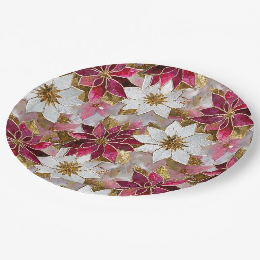 Wit Goud Bourgondië Roze Kerstmis Poinsettias Papieren Bordje (Gekanteld)