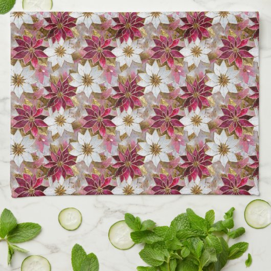 Wit Goud Bourgondië Roze Kerstmis Poinsettias Theedoek (Gevouwen)