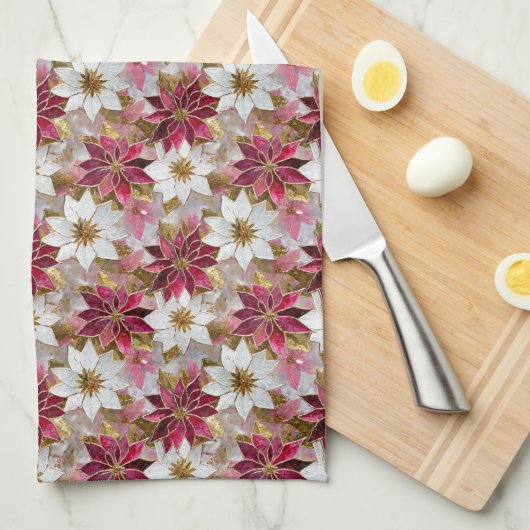 Wit Goud Bourgondië Roze Kerstmis Poinsettias Theedoek