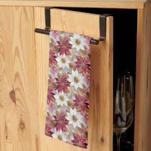 Wit Goud Bourgondië Roze Kerstmis Poinsettias Theedoek