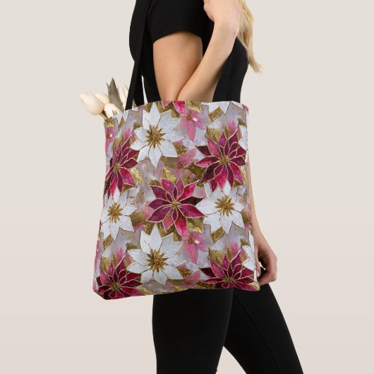 Wit Goud Bourgondië Roze Kerstmis Poinsettias Tote Bag (Dichtbij)
