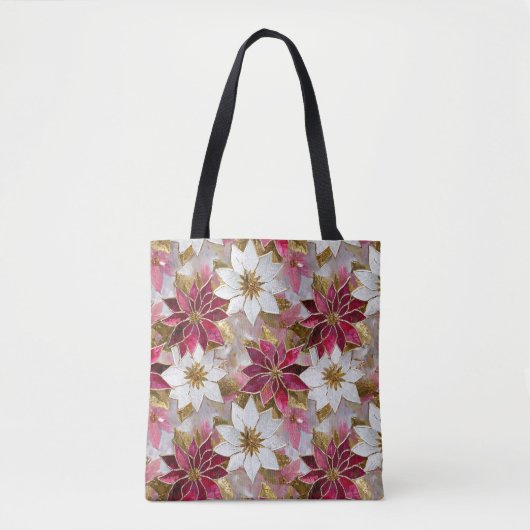 Wit Goud Bourgondië Roze Kerstmis Poinsettias Tote Bag (Voorkant)