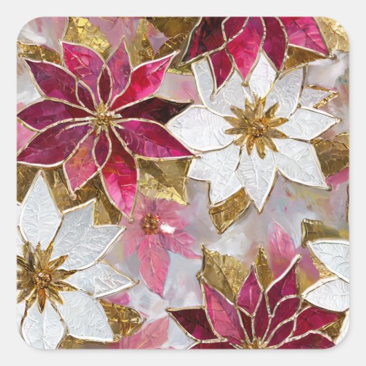Wit Goud Bourgondië Roze Kerstmis Poinsettias Vierkante Sticker (Voorkant)