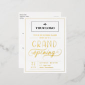 Wit & Goud Brede Logo Grand Opening Folie Uitnodiging Briefkaart (Voorkant / Achterkant)