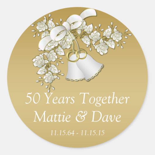 Wit Goud Bruiloft Klokken Bloemen 50e Jubileum Ronde Sticker (Voorkant)