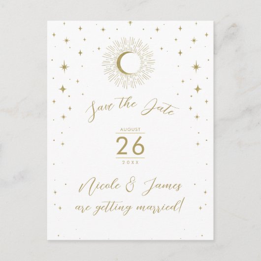 Wit Goud Celestial Sunburst Foto Bewaar de datum Aankondigingskaart (Voorkant)