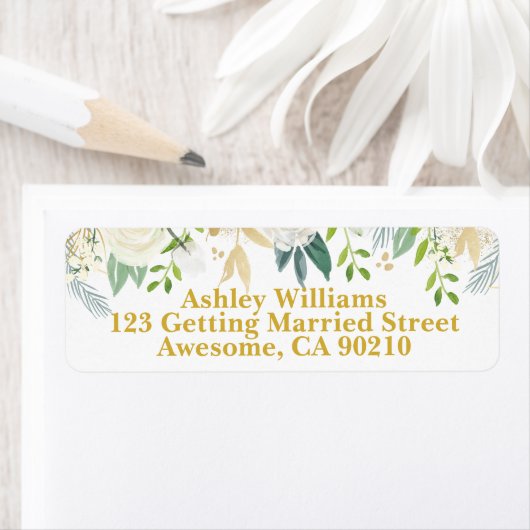 Wit & Goud Chic Greenery Wedding Retouradres Etiket (Insitu)