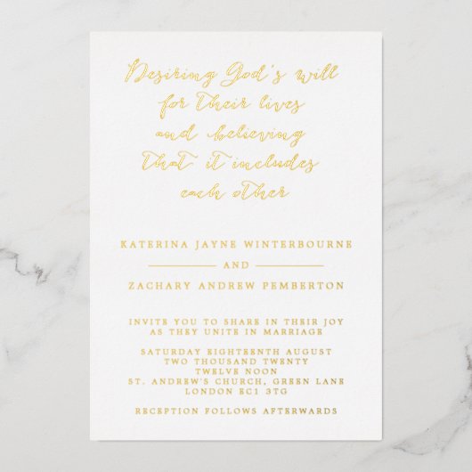 Wit & Goud Christelijk Script Wedding Folie Uitnodiging (Voorkant)