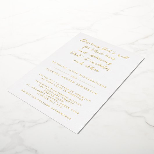Wit & Goud Christelijk Script Wedding Folie Uitnodiging (Gedraaid)