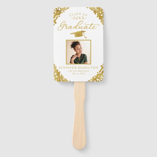 Wit Goud Confetti 2 Foto Afstuderen Handwaaier (Voorkant)