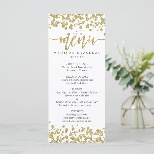 Wit & Goud Confetti Bruiloft Menu (Staand voorkant)