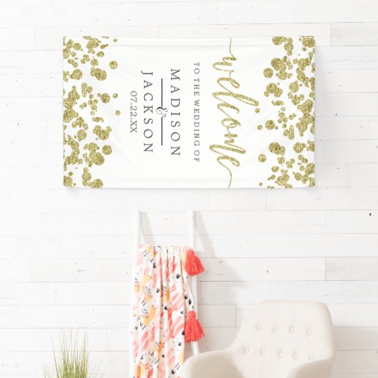 Wit & Goud Confetti Bruiloft Welkom Spandoek (Insitu)