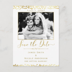 Wit & Goud Confetti Foto Huwelijk Save the Date Aankondigingskaart