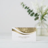 Wit & Goud Damast Dynamische lijnen Monogram Visitekaartje (Staand voorkant)