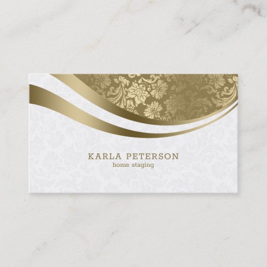 Wit & Goud Damast Dynamische lijnen Monogram Visitekaartje (Voorkant)