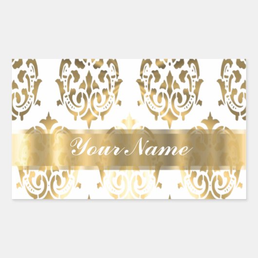 Wit & goud damast rechthoekige sticker (Voorkant)