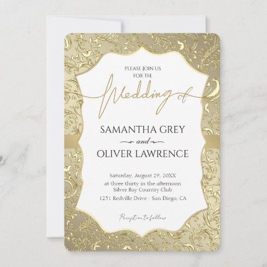 Wit & Goud Damast Uitnodiging (Voorkant)