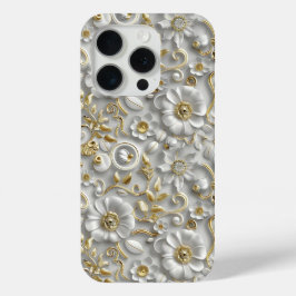 Wit Goud Decoratieve 3D Flora Bloemen iPhone 15 Pro Case