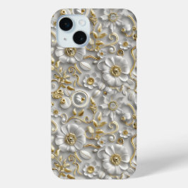 Wit Goud Decoratieve 3D Flora Bloemen iPhone 15 Mini Hoesje