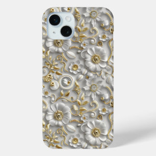 Wit Goud Decoratieve 3D Flora Bloemen iPhone 15 Mini Hoesje