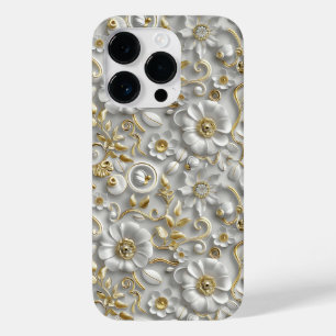 Wit Goud Decoratieve 3D Flora Bloemen Case-Mate iPhone 14 Pro Hoesje