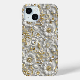 Wit Goud Decoratieve 3D Flora Bloemen iPhone 15 Case