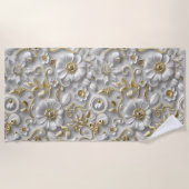 Wit Goud Decoratieve 3D Flora Bloemen Strandlaken (Voorkant)