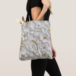 Wit Goud Decoratieve 3D Flora Bloemen Tote Bag
