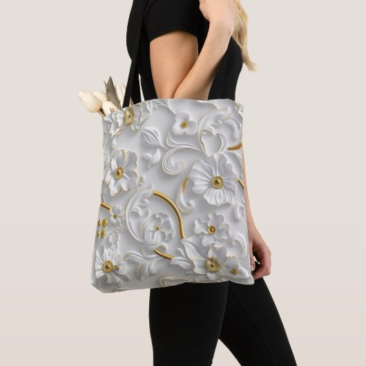 Wit Goud Decoratieve 3D Flora Bloemen Tote Bag (Dichtbij)