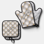 Wit Goud Diamant Tufted Custom Naam Gepersonalisee Ovenwant & Pannenlap Set (Voorkant / Achterkant)