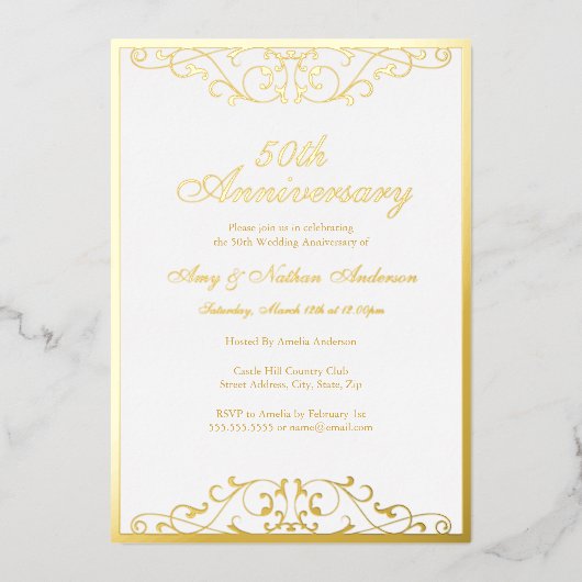 Wit Goud Elegante Swirl 50ste bruiloft Jubileum Folie Uitnodiging (Voorkant)