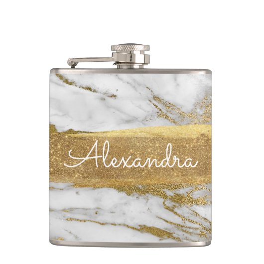 Wit Goud en Marmer met Gouden Folie en Glitter Heupfles (Voorkant)