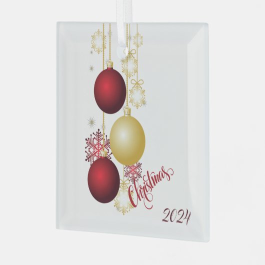 Wit, Goud en Rood Kerstfeest Glas Ornament (Voorkant links)