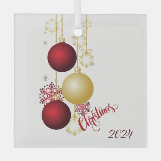 Wit, Goud en Rood Kerstfeest Glas Ornament (Voorkant)