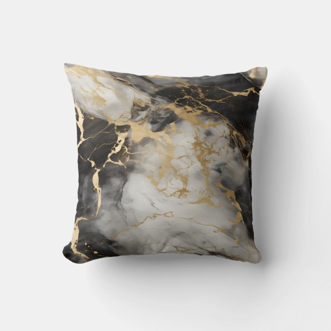Wit, Goud en Zwart Luxe Marmer Elegant Kussen (Voorkant)