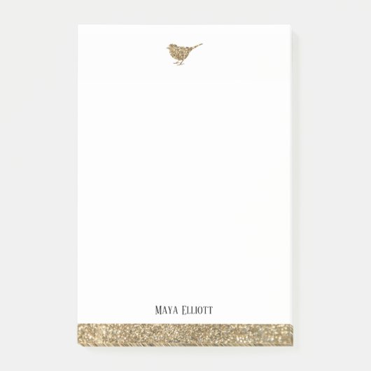 Wit & Goud Faux Glitter Vogel & Rand, Naam Post-it® Notes (Voorkant)