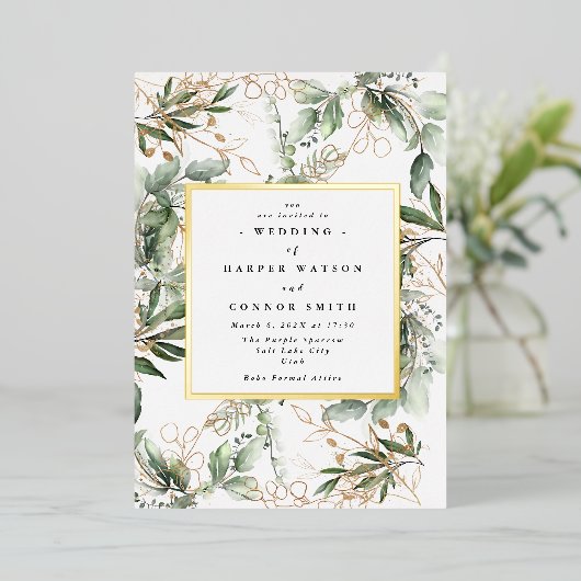 Wit goud folie frame | Boho botanische Eucalyptus Folie Uitnodiging (Staand Voorkant)