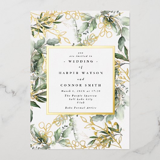 Wit goud folie frame botanisch | Boho Eucalyptus Uitnodiging (Voorkant)