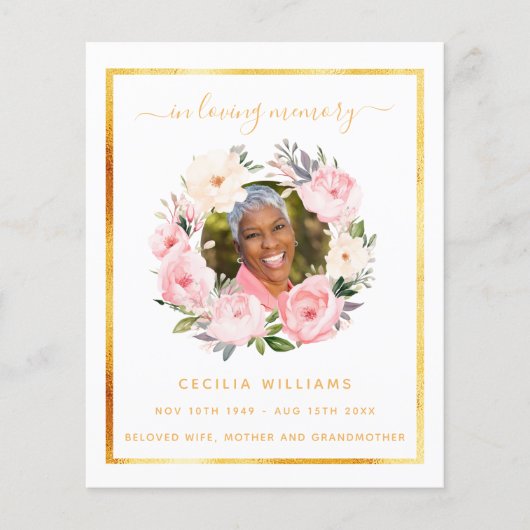 Wit goud foto roze bloemen begrafenis programma (Voorkant)