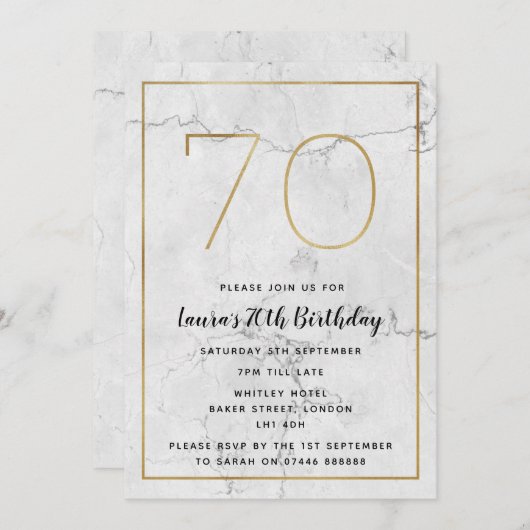 Wit & Goud gemarmerd 70ste verjaardag uitnodiginge Kaart (Voorkant / Achterkant)