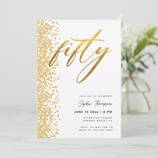 Wit Goud Geometrisch Glitter Elegant 50ste Verjaar Kaart (Staand voorkant)