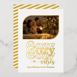 Wit & Goud Gezellige Vibes Retro Kerstfoto Folie Feestdagenkaart