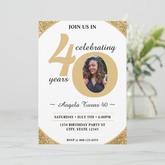 Wit & Goud Glitter 40 Vijftig Jaar 40e Verjaardag Kaart (Staand voorkant)