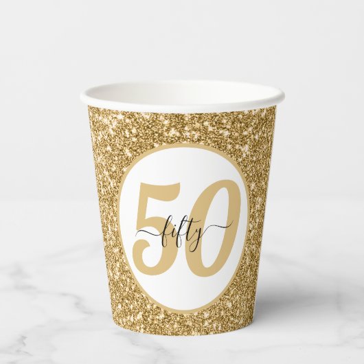 Wit & Goud Glitter 50 Vijftig jaar 50ste verjaarda Papieren Bekers (Achterkant)