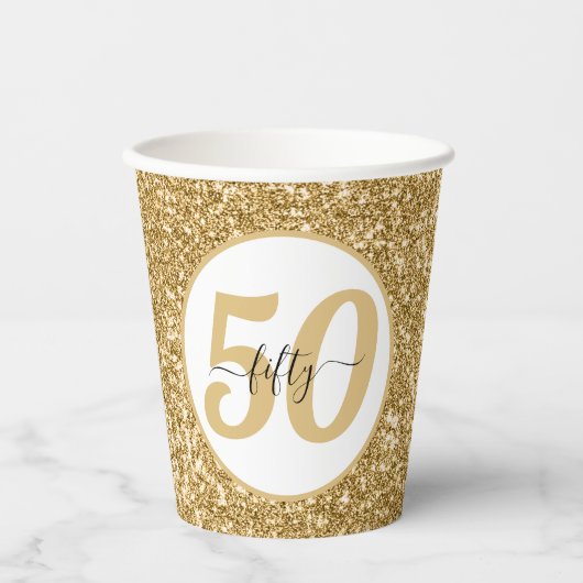 Wit & Goud Glitter 50 Vijftig jaar 50ste verjaarda Papieren Bekers (Voorkant)
