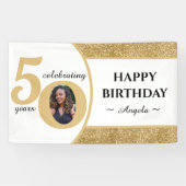 Wit & Goud Glitter 50 Vijftig jaar 50ste verjaarda Spandoek (Horizontaal)