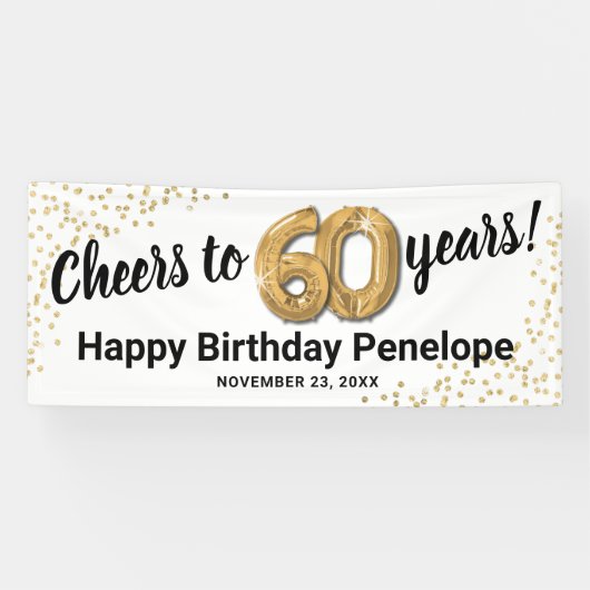 Wit Goud Glitter 60e Verjaardag Spandoek (Horizontaal)