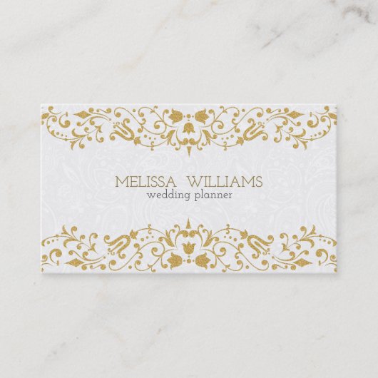 Wit & Goud Glitter  Bloemen Swirls Visitekaartje (Voorkant)